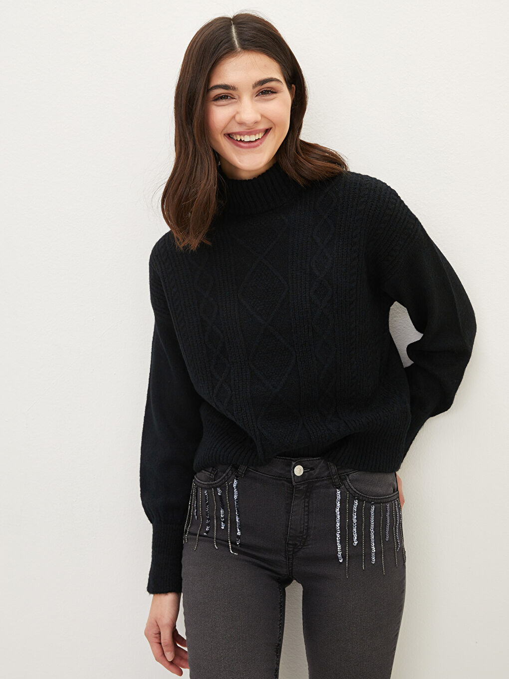 LCW Vision Half Turtleneck Self Patterned Long Sleeve Women's Tricot Sweater -W1GK23Z8-CVL