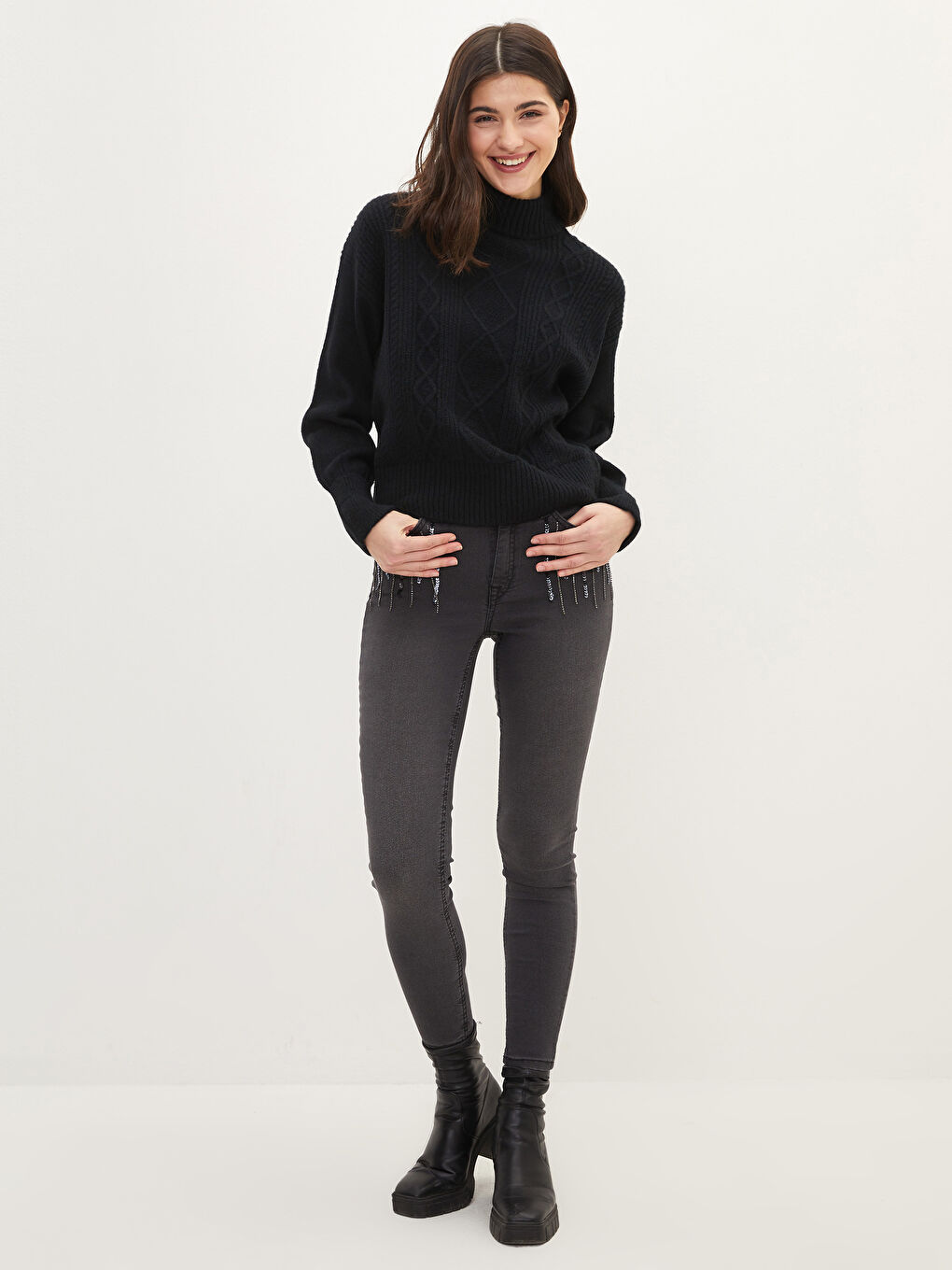 LCW Vision Half Turtleneck Self Patterned Long Sleeve Women's Tricot Sweater -W1GK23Z8-CVL