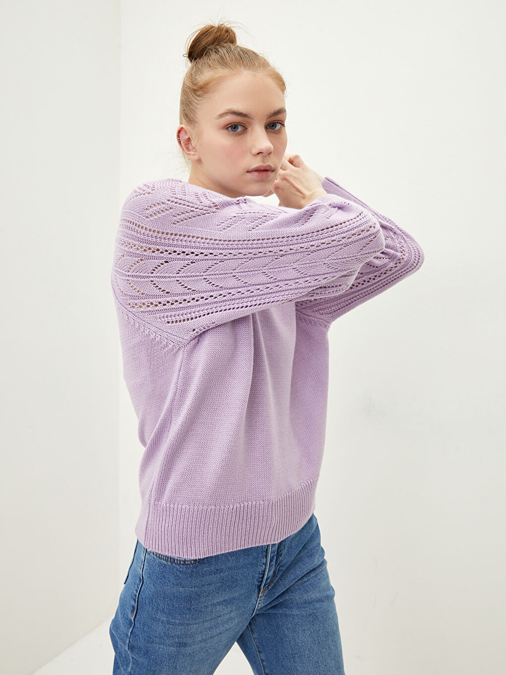 Lila Yarım Balıkçı Yaka Ajurlu Kadın Triko Kazak