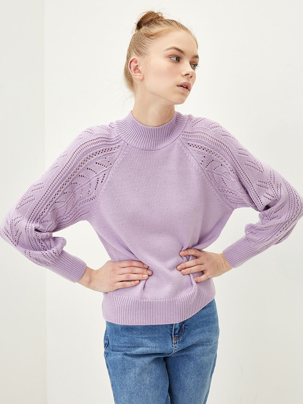 Lila Yarım Balıkçı Yaka Ajurlu Kadın Triko Kazak-1