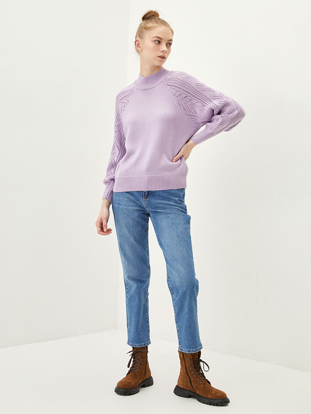 Lila Yarım Balıkçı Yaka Ajurlu Kadın Triko Kazak-2