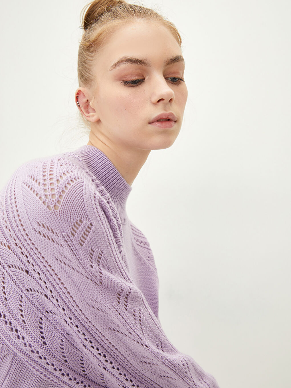 Lila Yarım Balıkçı Yaka Ajurlu Kadın Triko Kazak-3