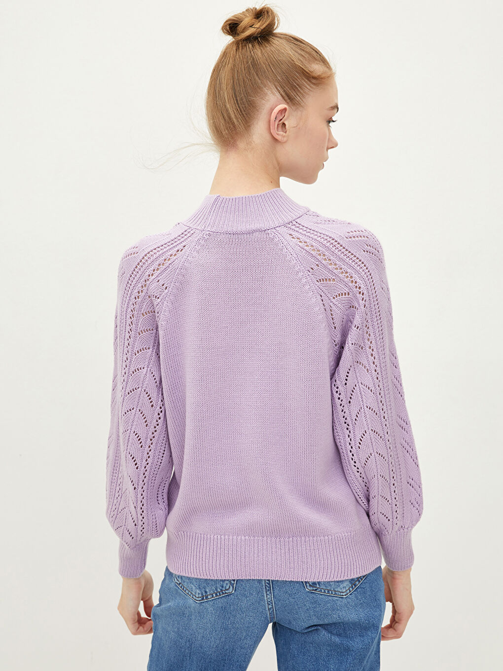 Lila Yarım Balıkçı Yaka Ajurlu Kadın Triko Kazak-5