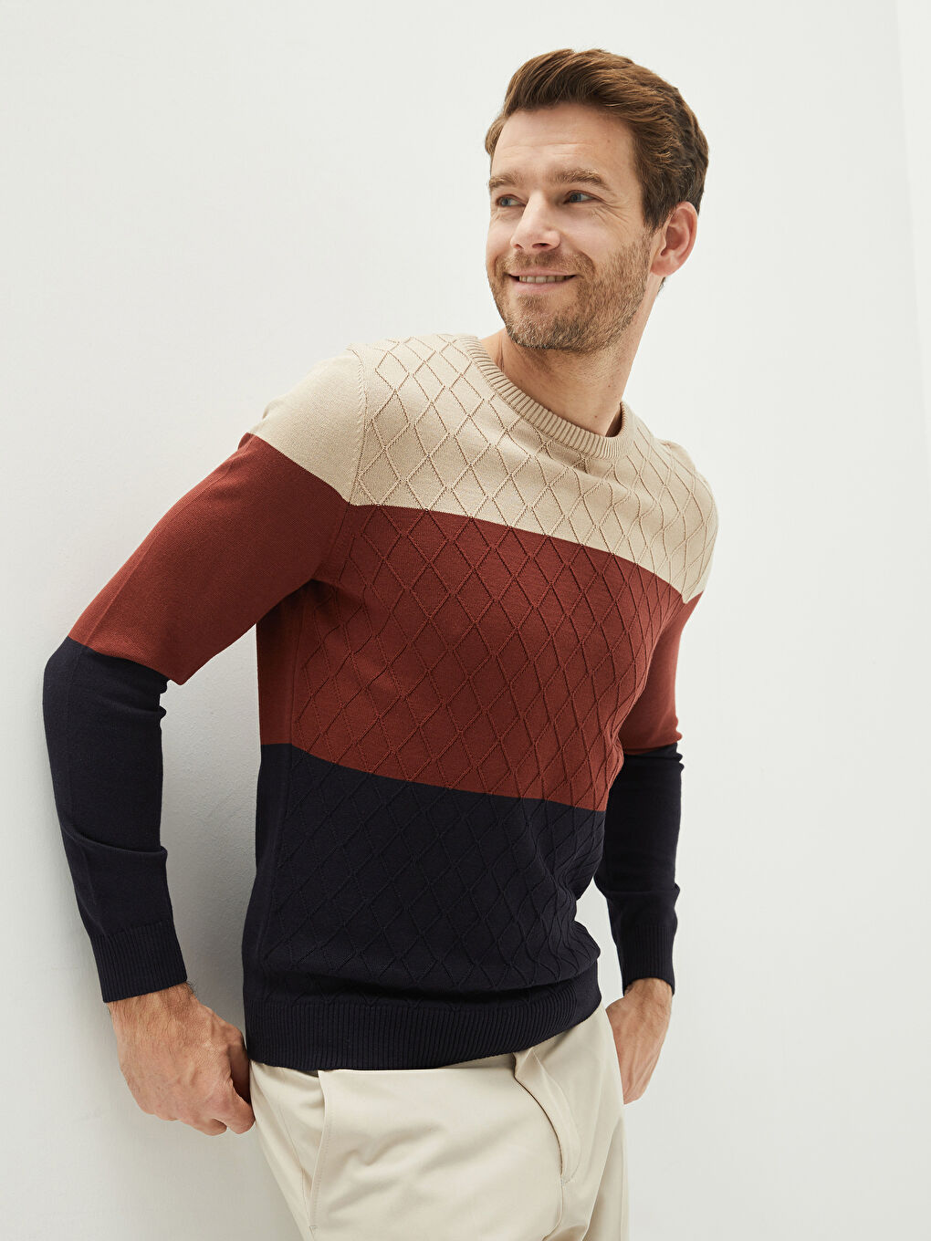 Rundhalsausschnitt Langarm Farbblock Herren Strickpullover-1