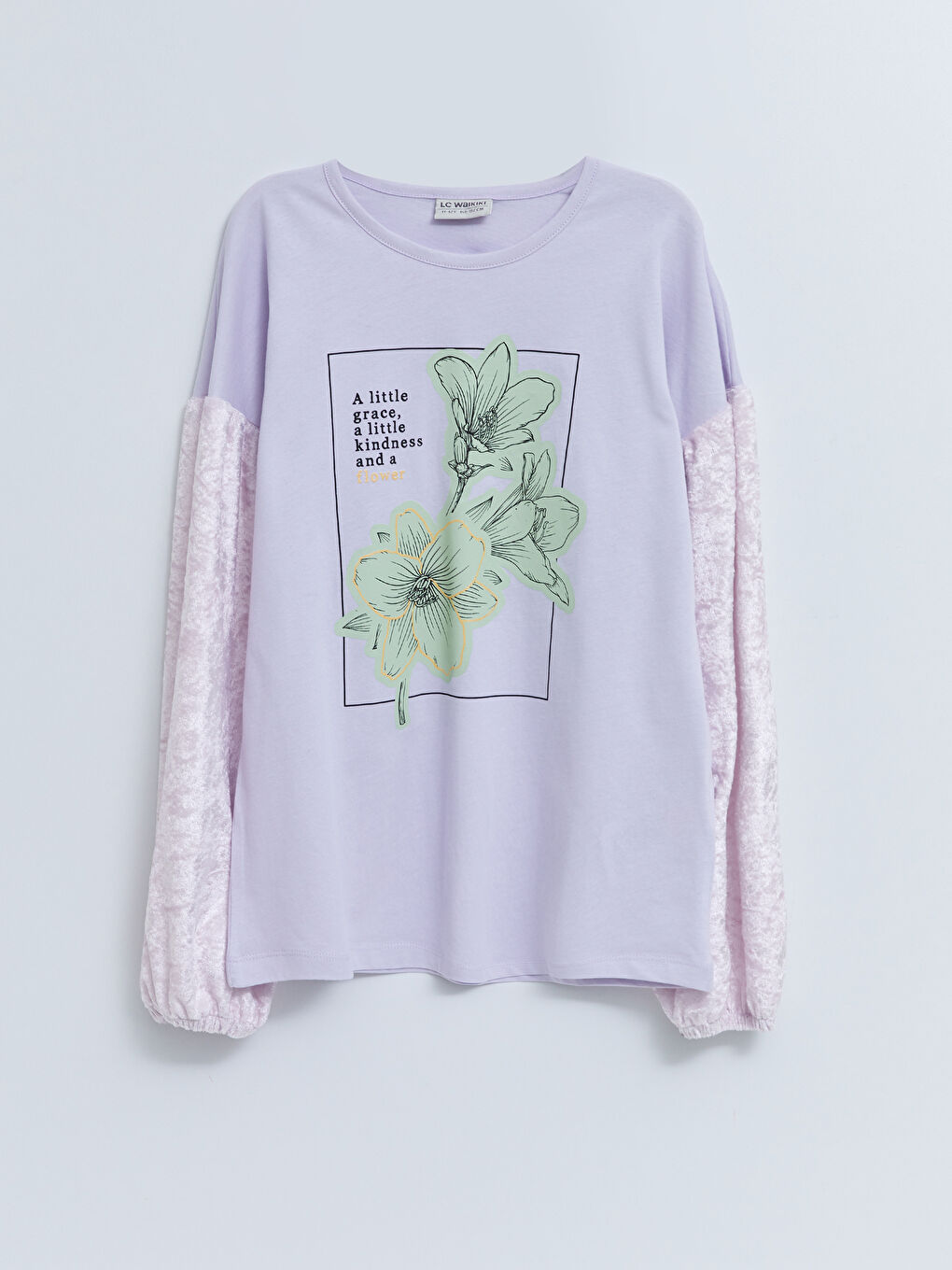 تيشيرت بناتي كم طويل مطبوع بياقة دائرية قطن