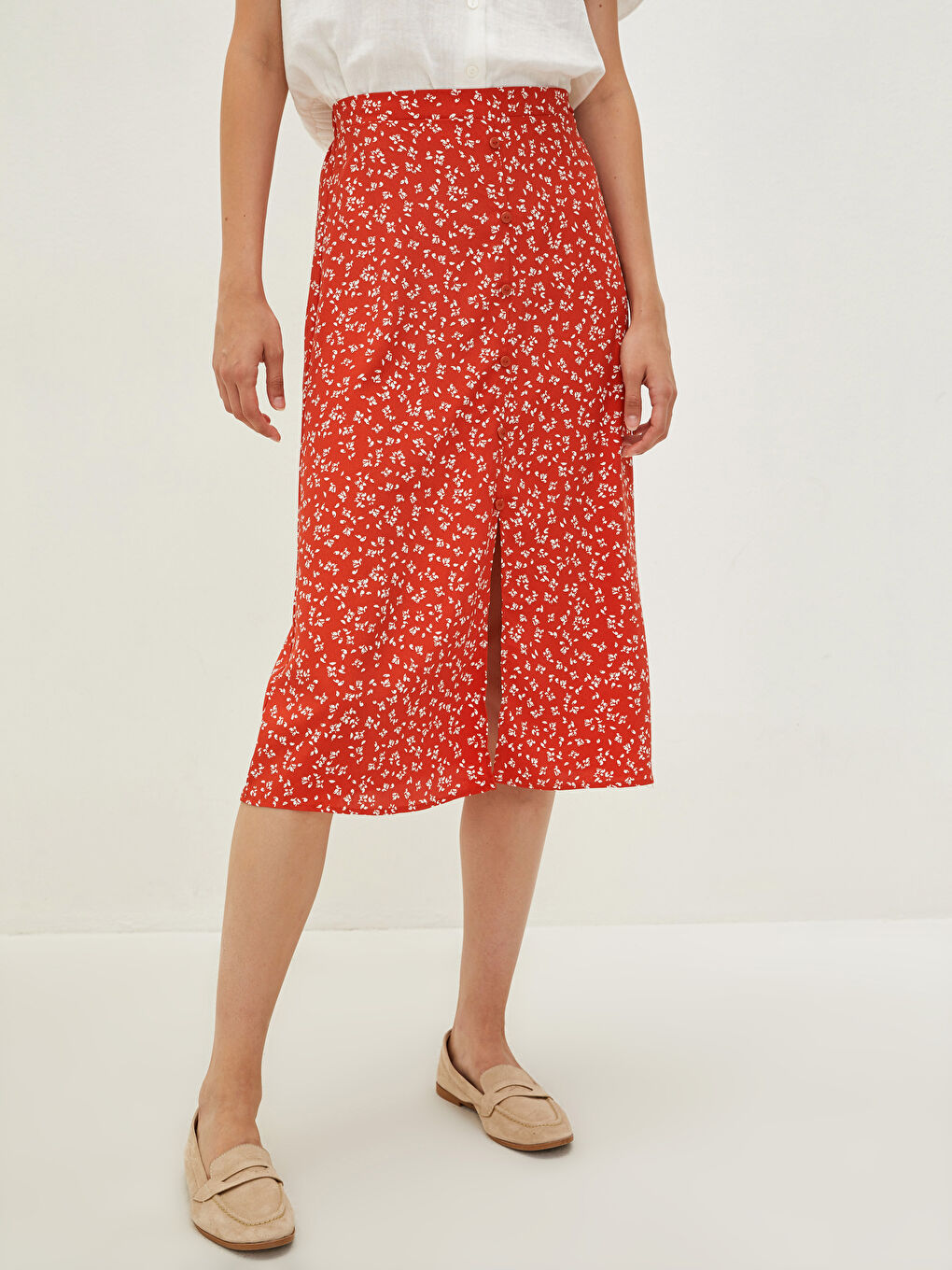 جيبة قماش كريب بقصة A ومزينة بنقشة وخصر مطاطي للسيدات-3