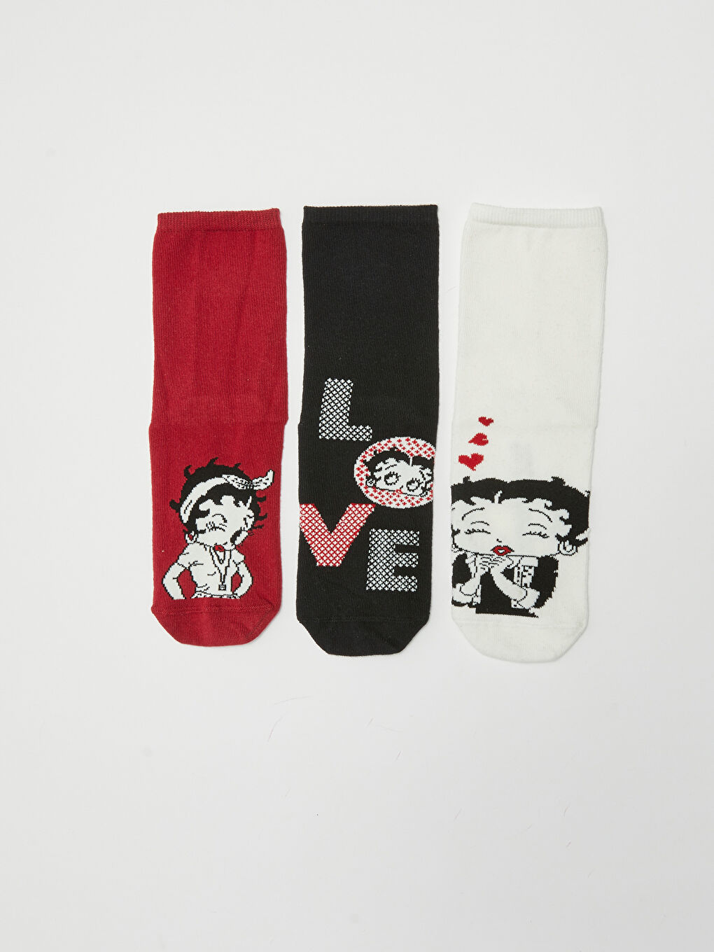 Kırmızı Betty Boop Baskılı Kadın Soket Çorap 3'lü Paket-1