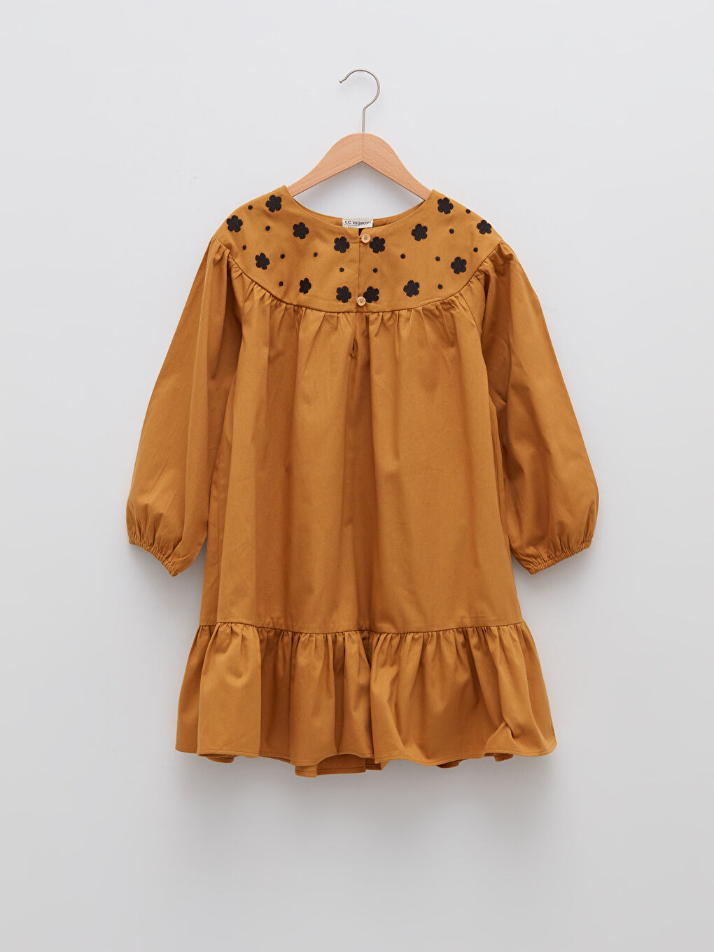 LCW Kids Crew Neck Printed Long Sleeve Gabardine Girls Dress -W1GL60Z4-GWH