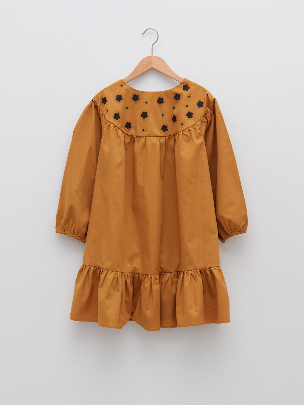 LCW Kids Crew Neck Printed Long Sleeve Gabardine Girls Dress -W1GL60Z4-GWH