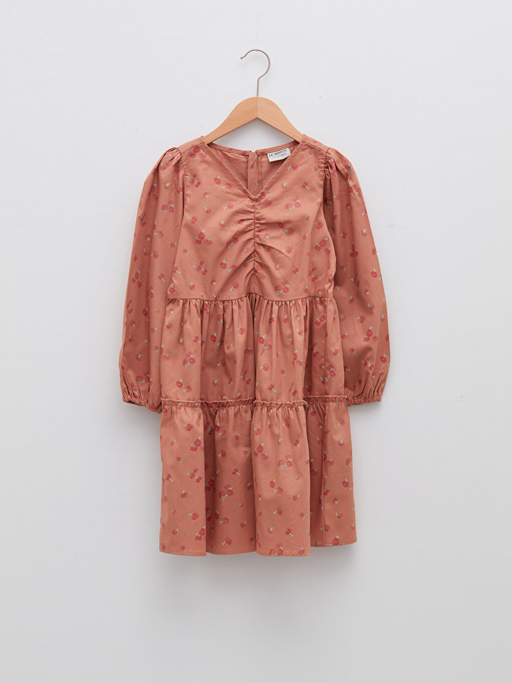 V-Neck Patterned Long Sleeve Girls' Dress