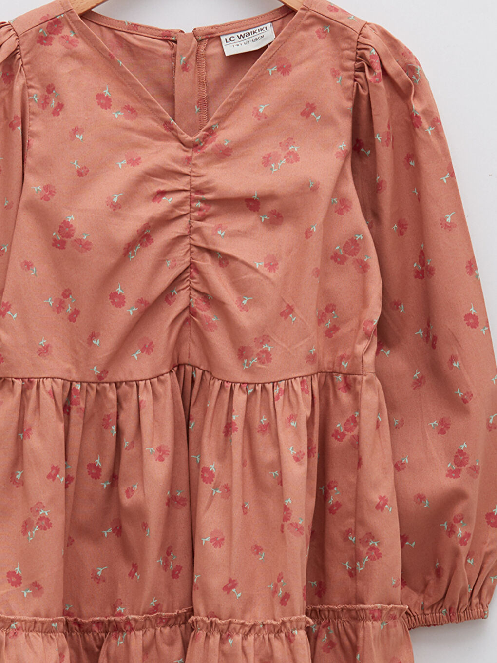 V-Neck Patterned Long Sleeve Girls' Dress-2
