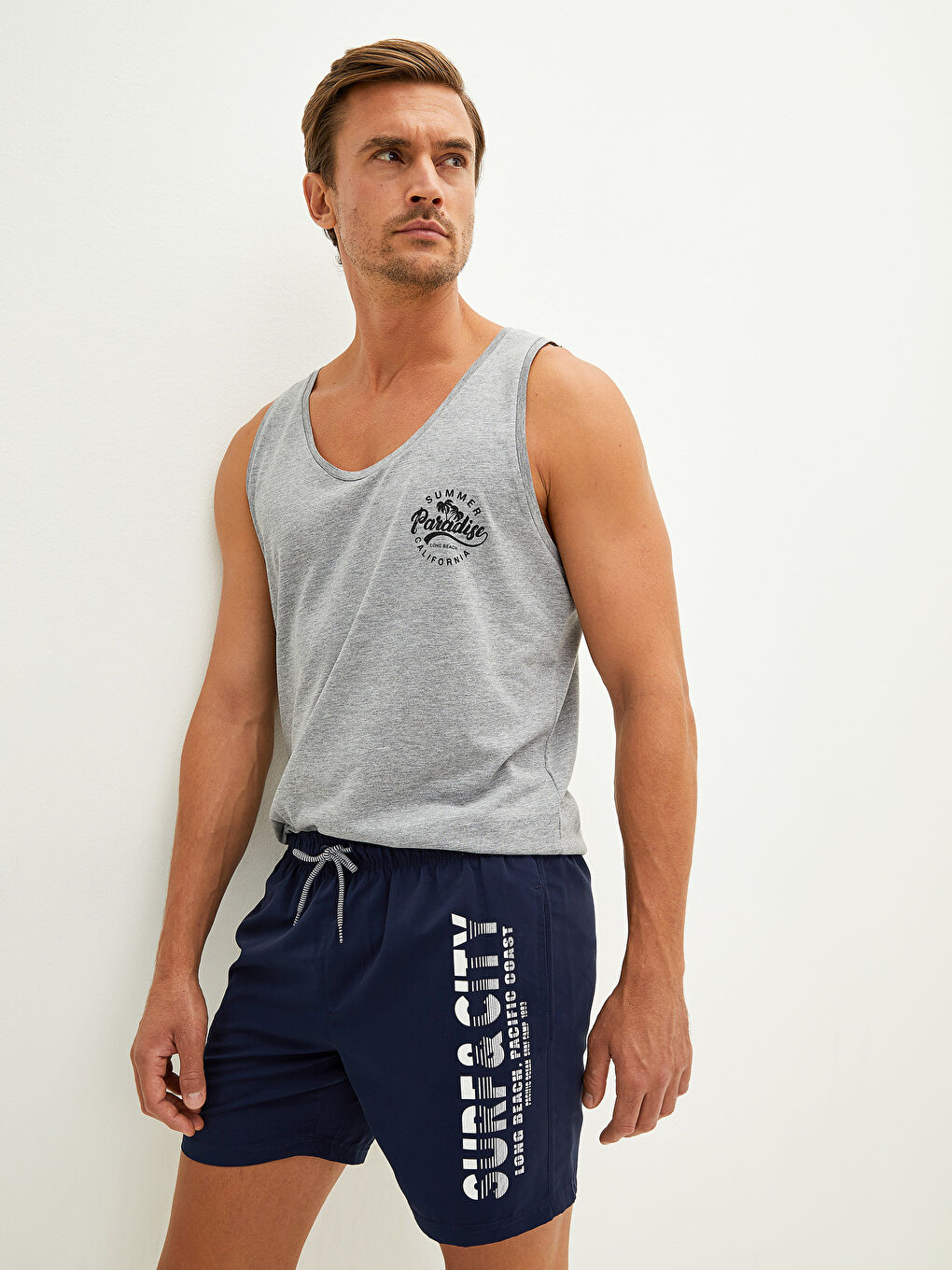 Lacivert Kısa Boy Baskılı Erkek Deniz Şortu-2