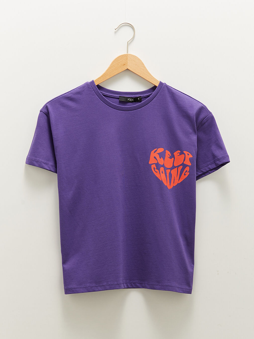 Mor Bisiklet Yaka Baskılı Kısa Kollu Pamuklu Kadın Tişört-5