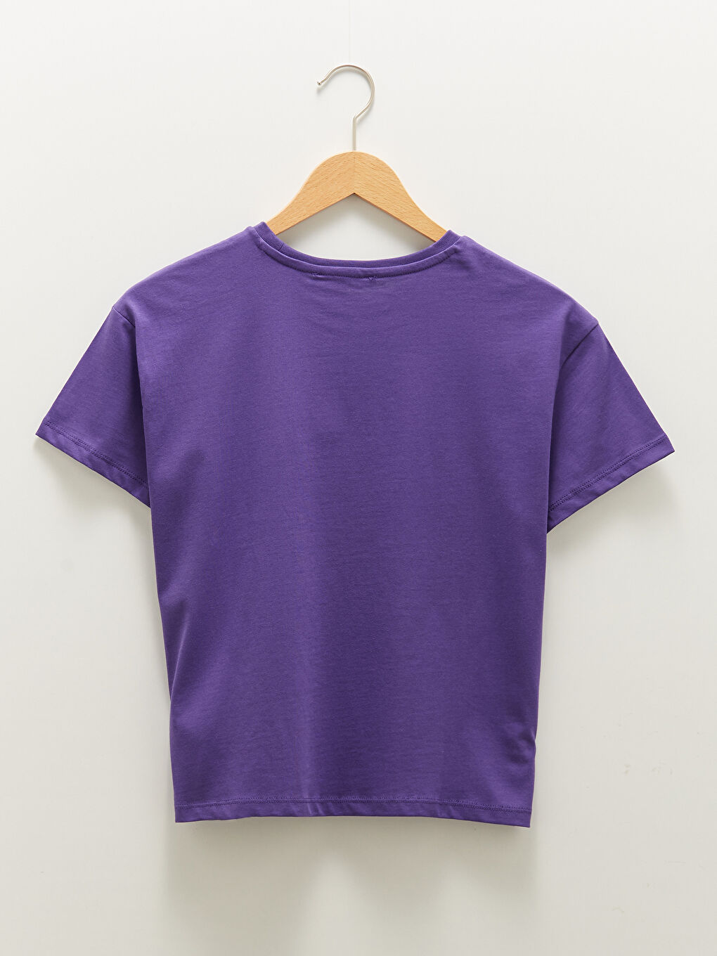 Mor Bisiklet Yaka Baskılı Kısa Kollu Pamuklu Kadın Tişört-6