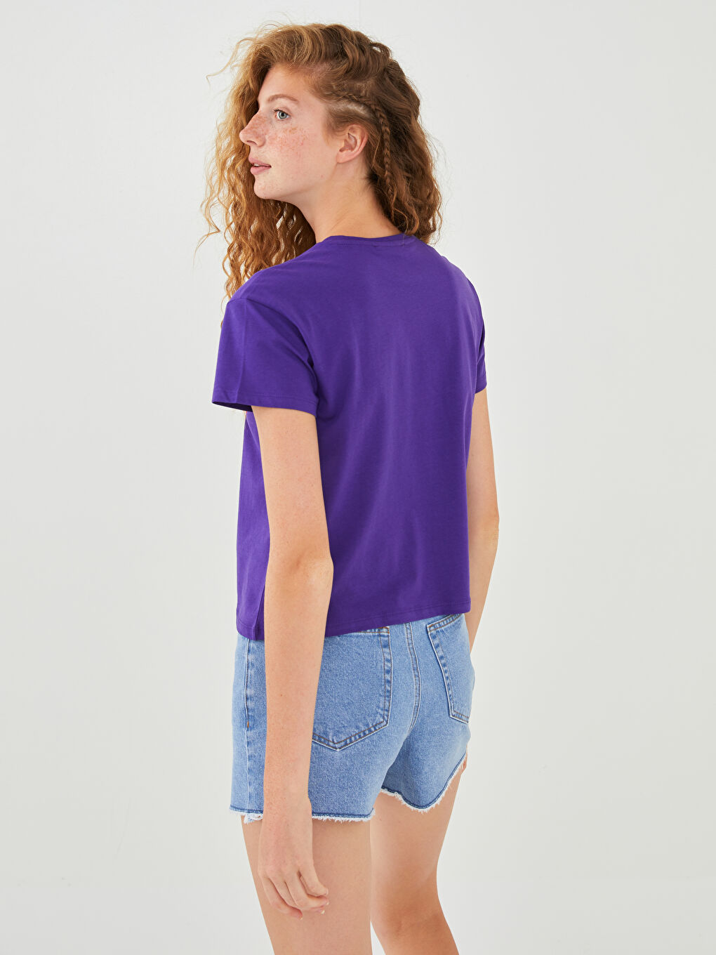 Mor Bisiklet Yaka Baskılı Kısa Kollu Pamuklu Kadın Tişört-4
