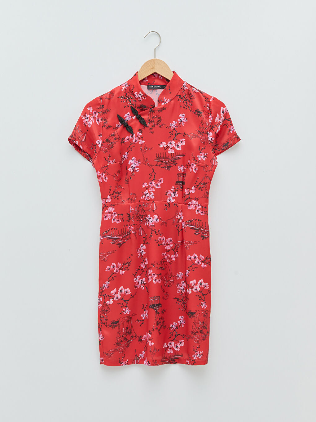 Magnificent Collar Floral Short Sleeve Satin Women's Bodycon Dress-5