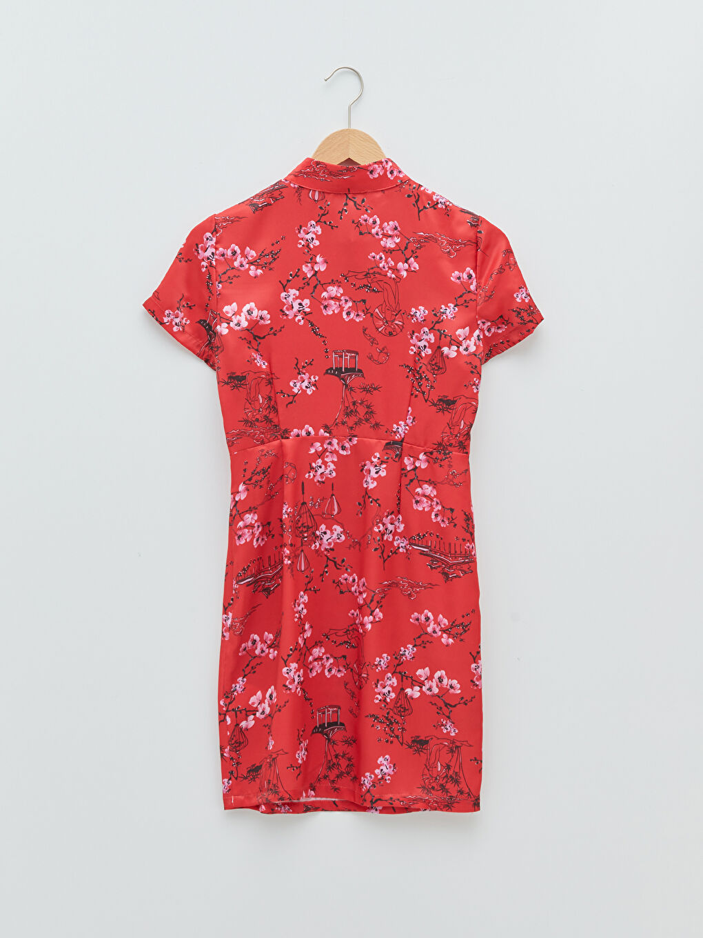 Magnificent Collar Floral Short Sleeve Satin Women's Bodycon Dress-6