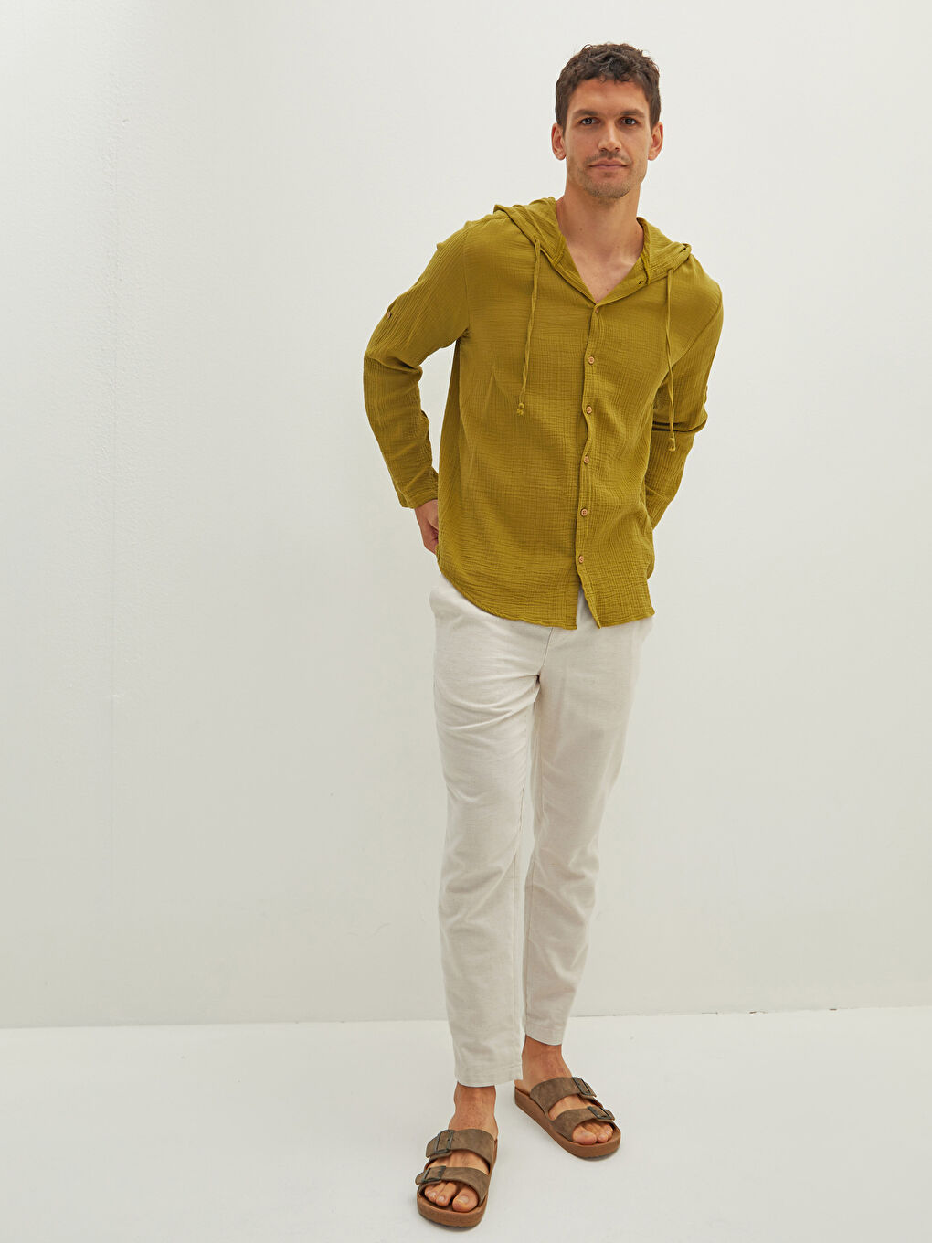 Regular Fit Hooded Long Sleeve Poplin Men's Shirt-4