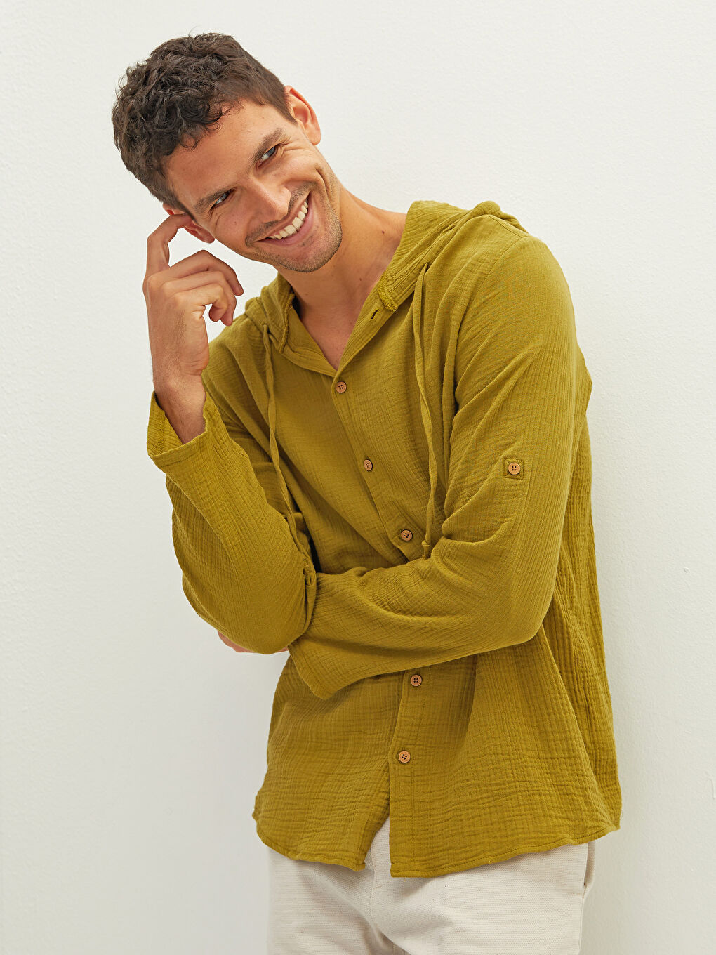Regular Fit Hooded Long Sleeve Poplin Men's Shirt-1