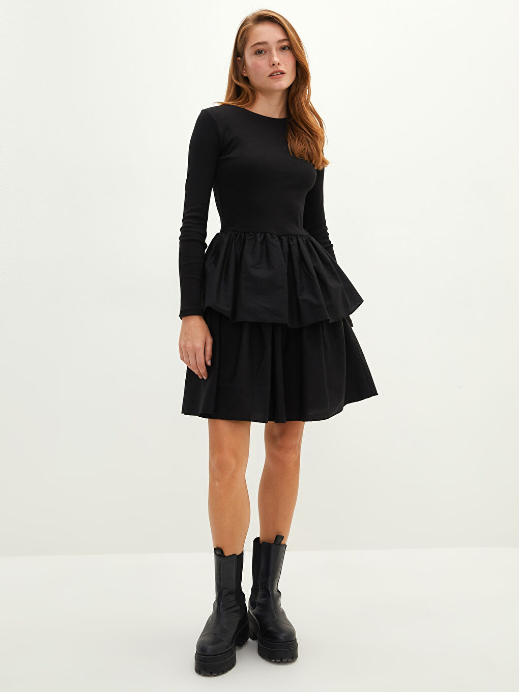 Siyah Bisiklet Yaka Düz Uzun Kollu Pamuklu Kadın Elbise