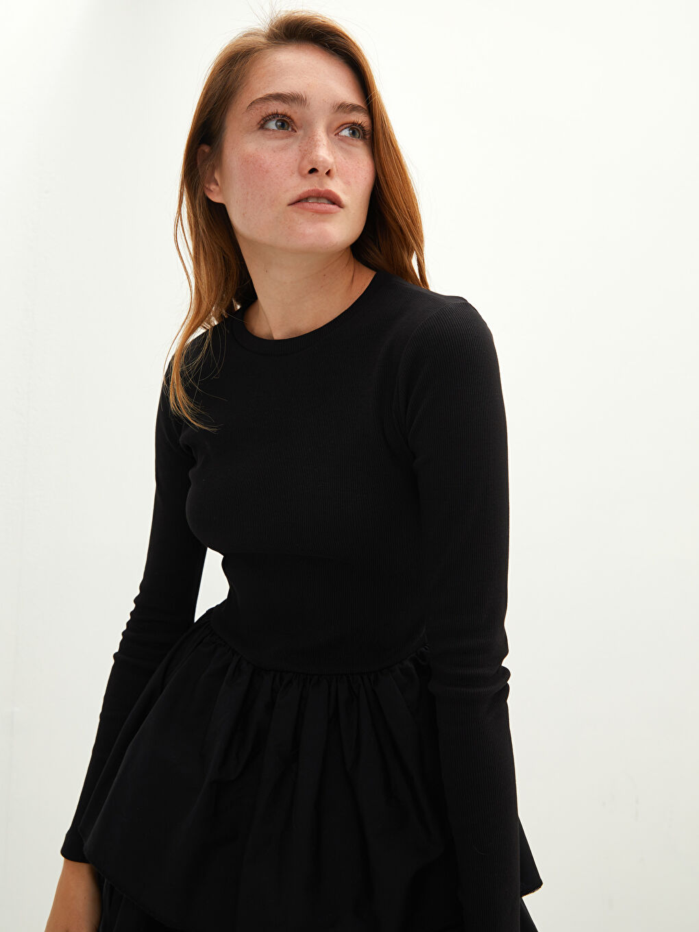 Siyah Bisiklet Yaka Düz Uzun Kollu Pamuklu Kadın Elbise-2