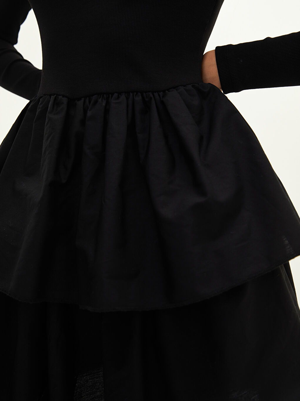 Siyah Bisiklet Yaka Düz Uzun Kollu Pamuklu Kadın Elbise-3