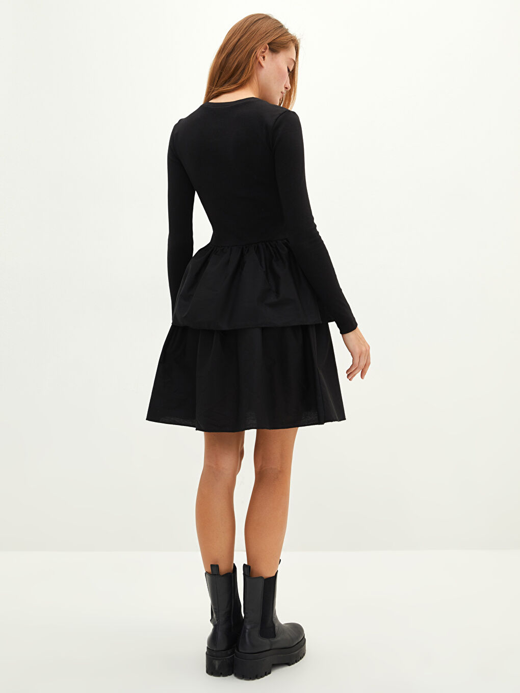 Siyah Bisiklet Yaka Düz Uzun Kollu Pamuklu Kadın Elbise-4