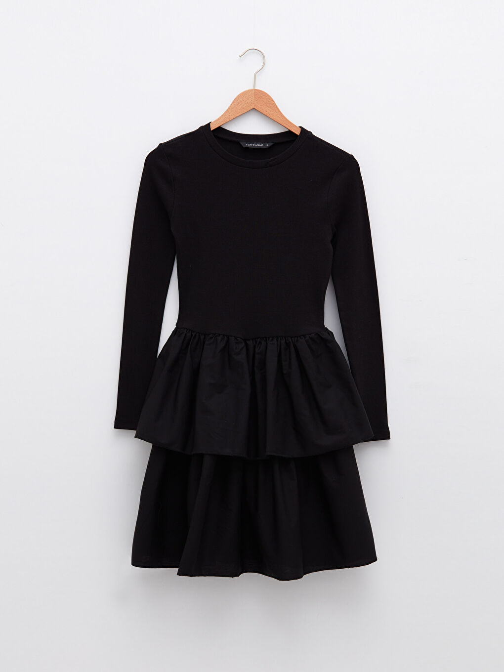 Siyah Bisiklet Yaka Düz Uzun Kollu Pamuklu Kadın Elbise-5