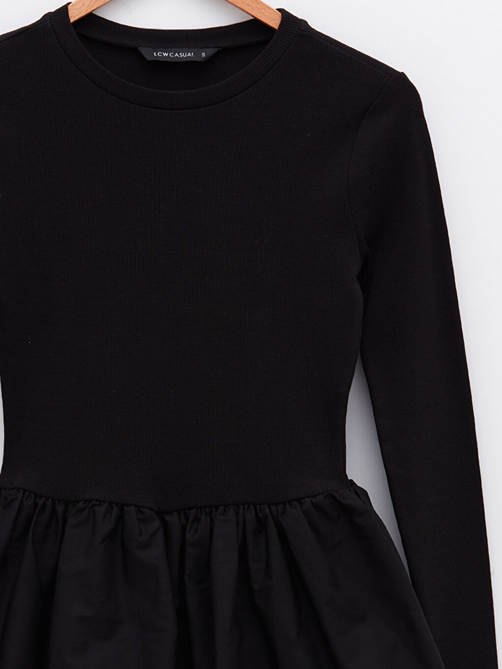 Siyah Bisiklet Yaka Düz Uzun Kollu Pamuklu Kadın Elbise-7