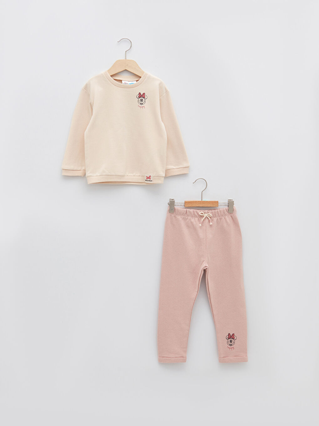 Bej Bisiklet Yaka Uzun Kollu Minnie Mouse Baskılı Kız Bebek Sweatshirt ve Pantolon 2'li Takım