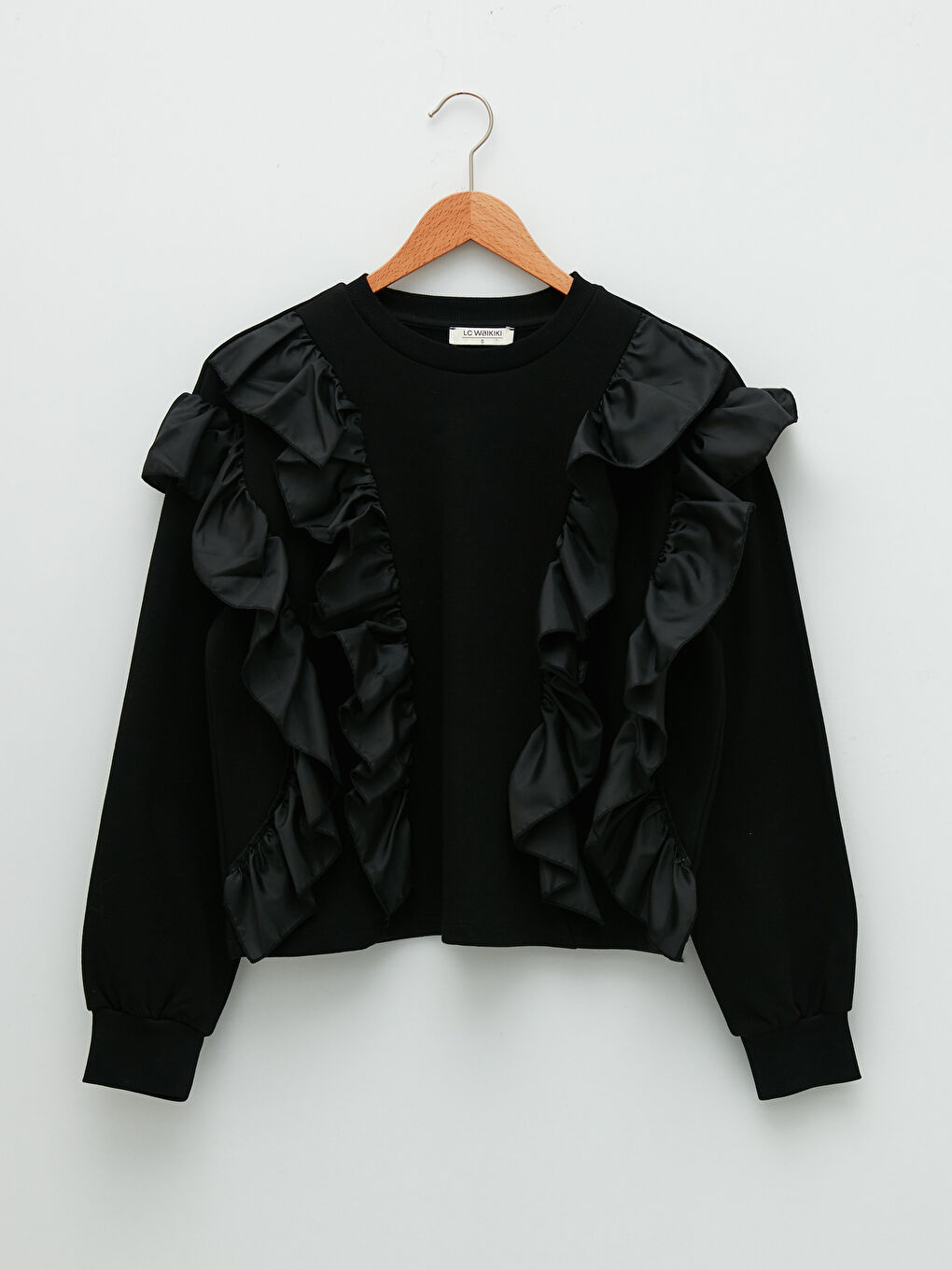 Siyah Bisiklet Yaka Fırfır Detaylı Uzun Kollu Kadın Sweatshirt