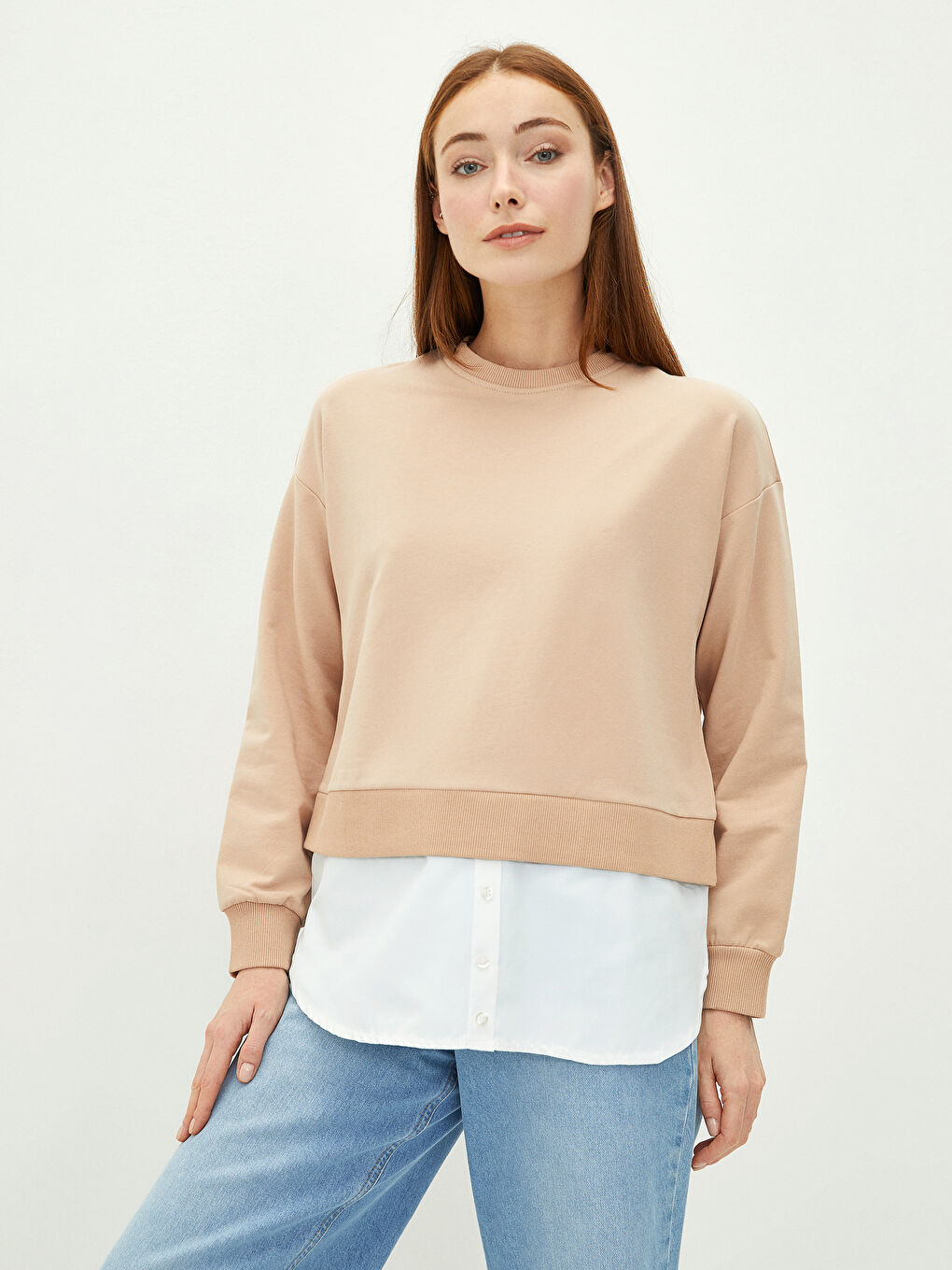 Bej Bisiklet Yaka Düz Uzun Kollu Kadın Sweatshirt-1