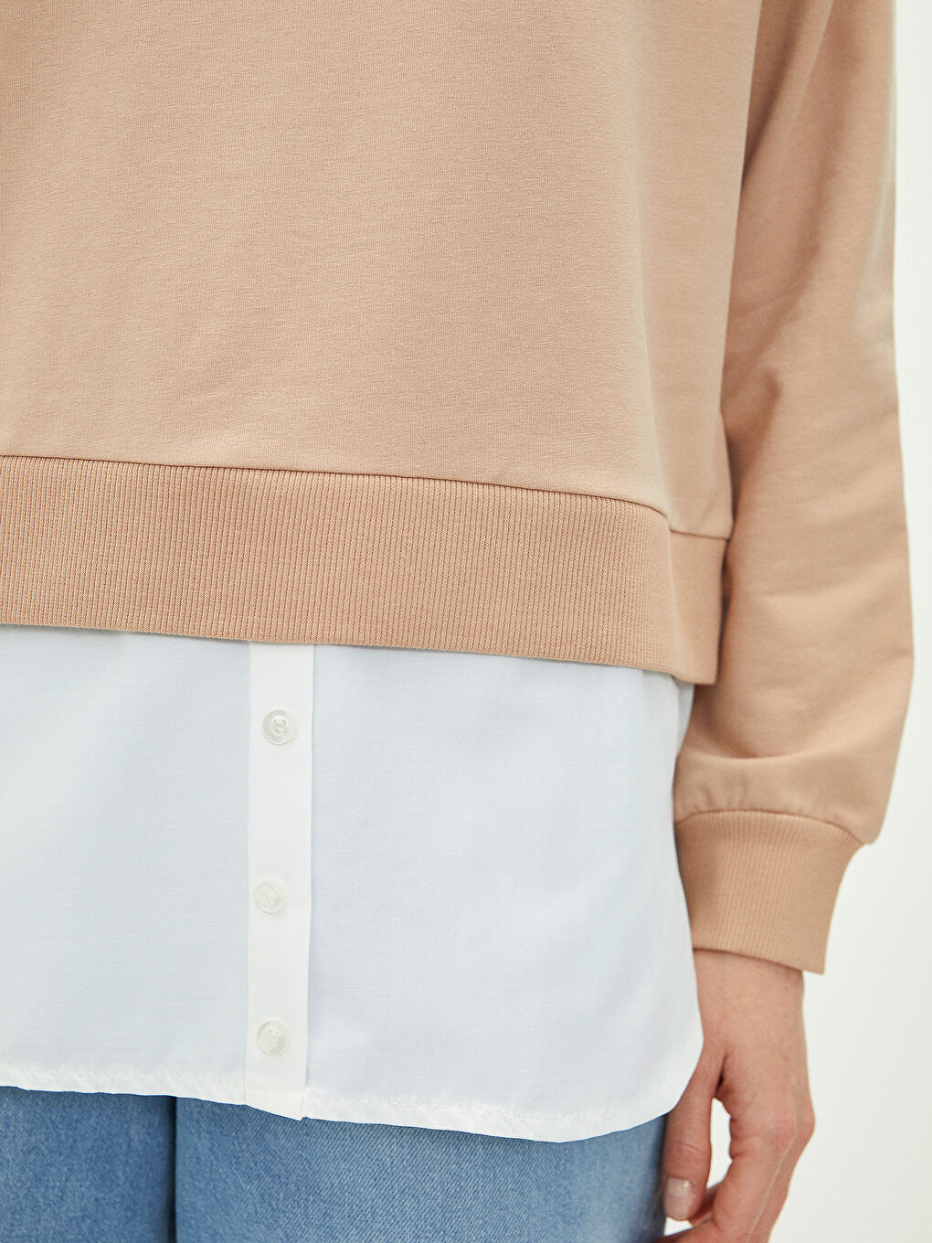 Bej Bisiklet Yaka Düz Uzun Kollu Kadın Sweatshirt-2