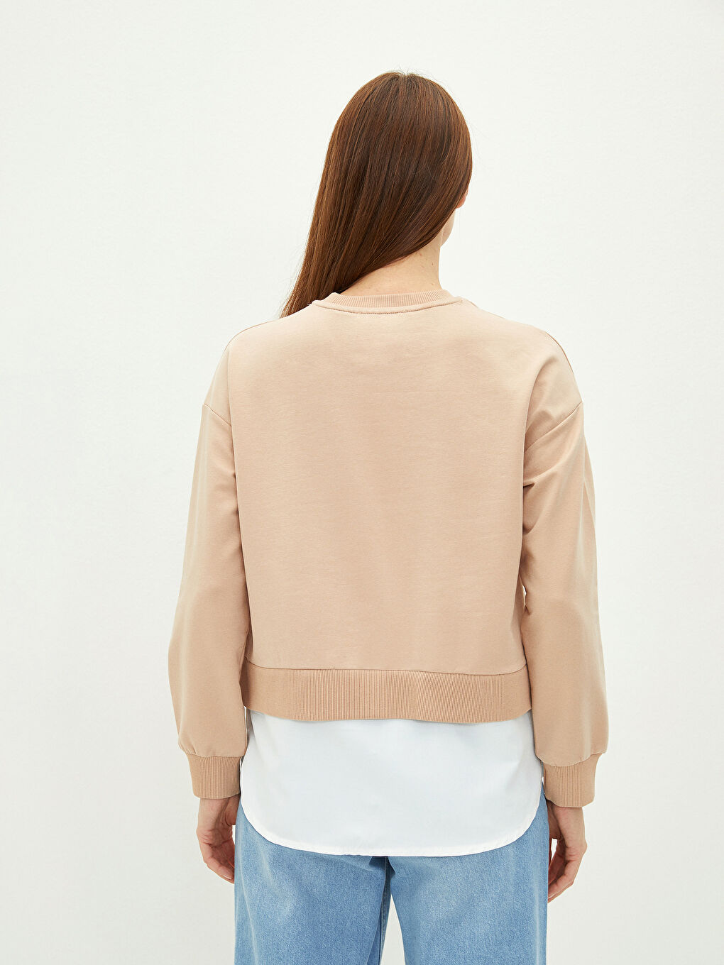 Bej Bisiklet Yaka Düz Uzun Kollu Kadın Sweatshirt-4