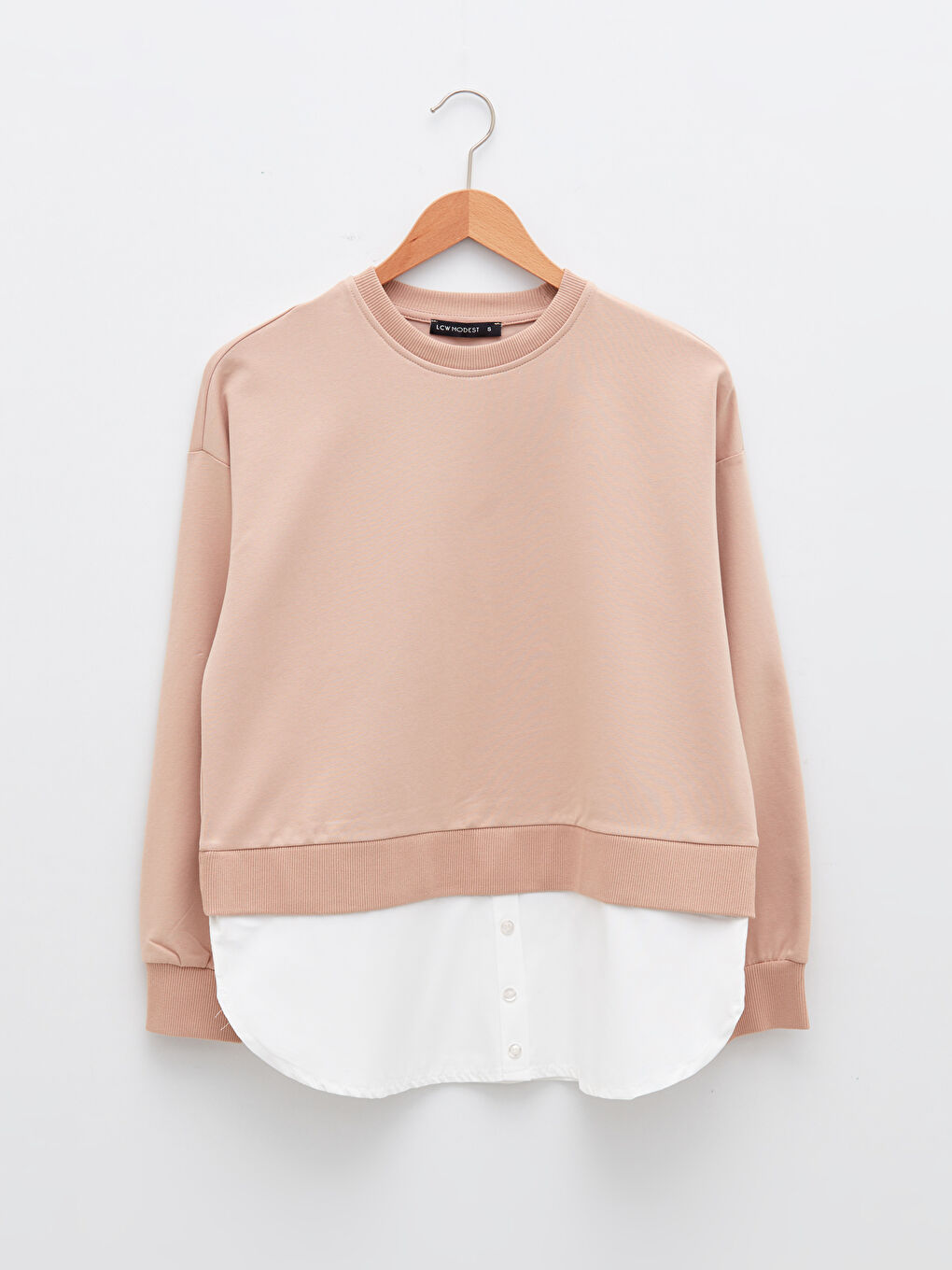 Bej Bisiklet Yaka Düz Uzun Kollu Kadın Sweatshirt-5