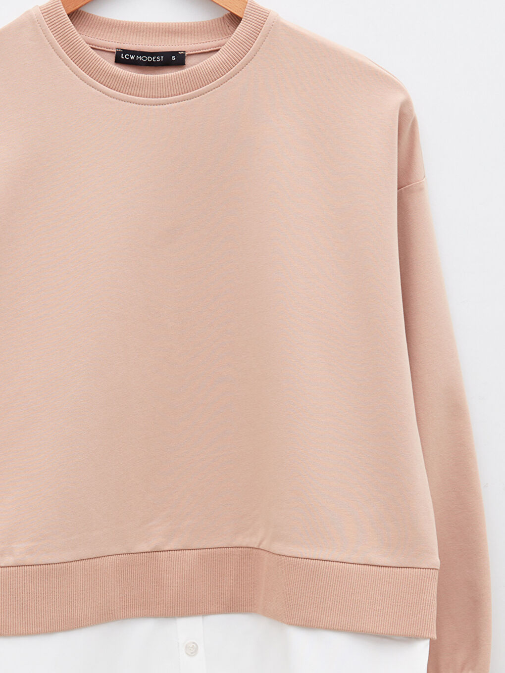 Bej Bisiklet Yaka Düz Uzun Kollu Kadın Sweatshirt-7