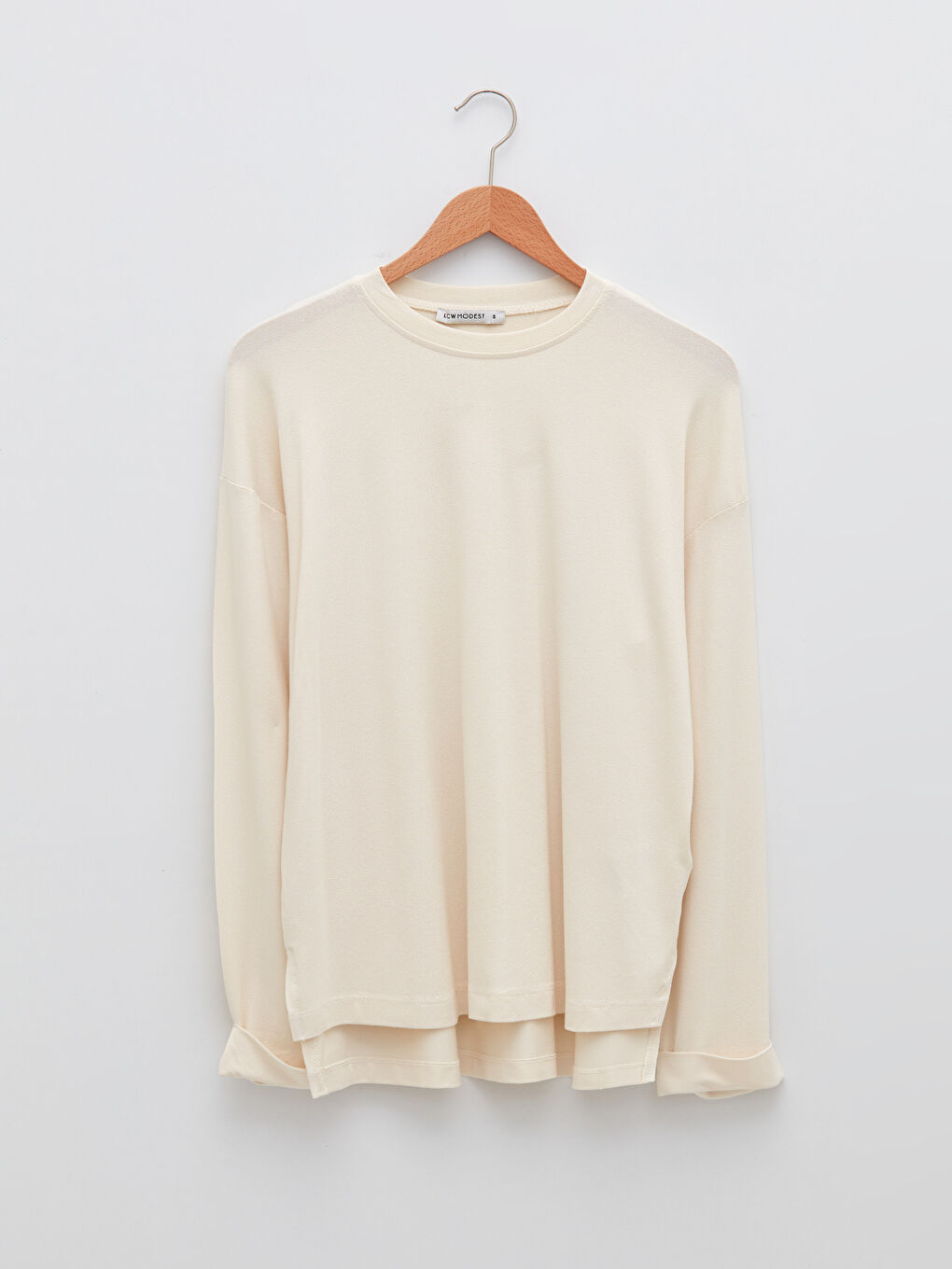 Ekru LCW Modest Bisiklet Yaka Uzun Kollu Basic Kadın Tunik-5