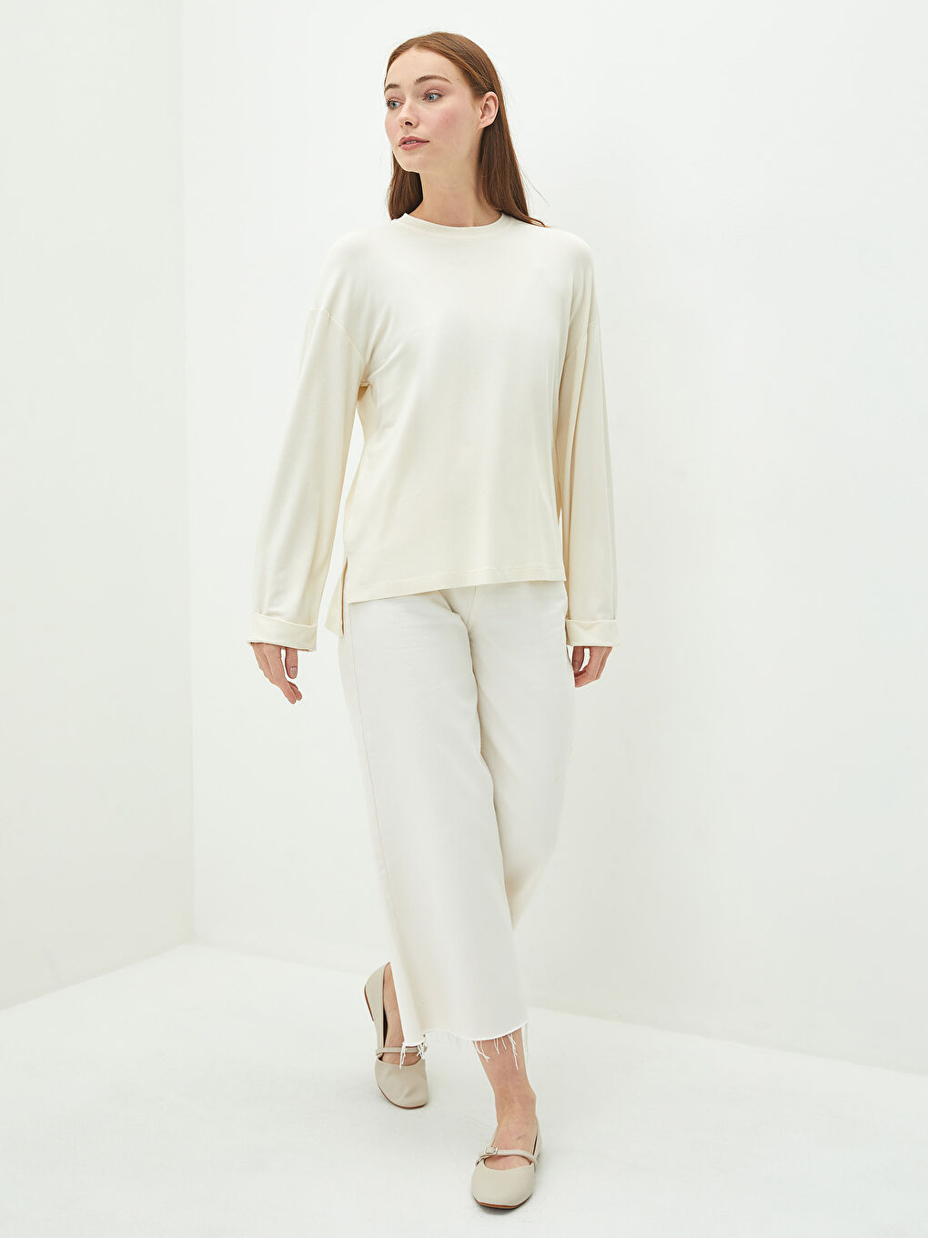 Ekru LCW Modest Bisiklet Yaka Uzun Kollu Basic Kadın Tunik-3