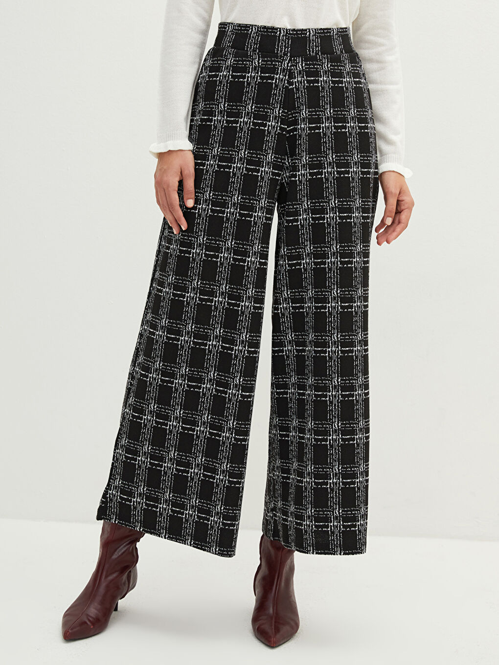 Elastic Waist Plaid Pocket Detailed Ponte Fabric Women's Trousers Skirt-3