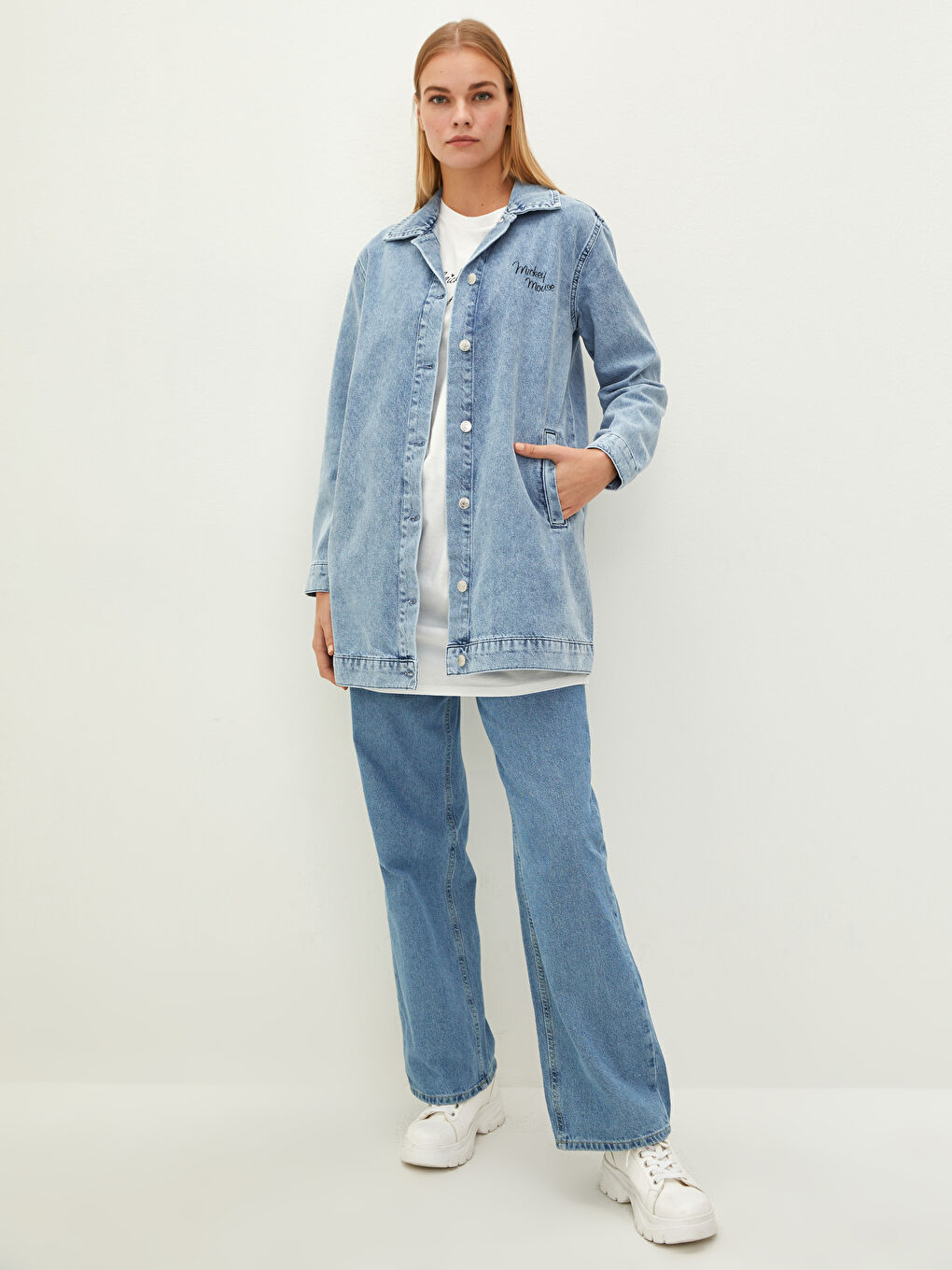 LCW Modest Shirt Collar Mickey Mouse Printed Long Sleeve Women's Rodeo Jean Jacket -W1GN75Z8-H45