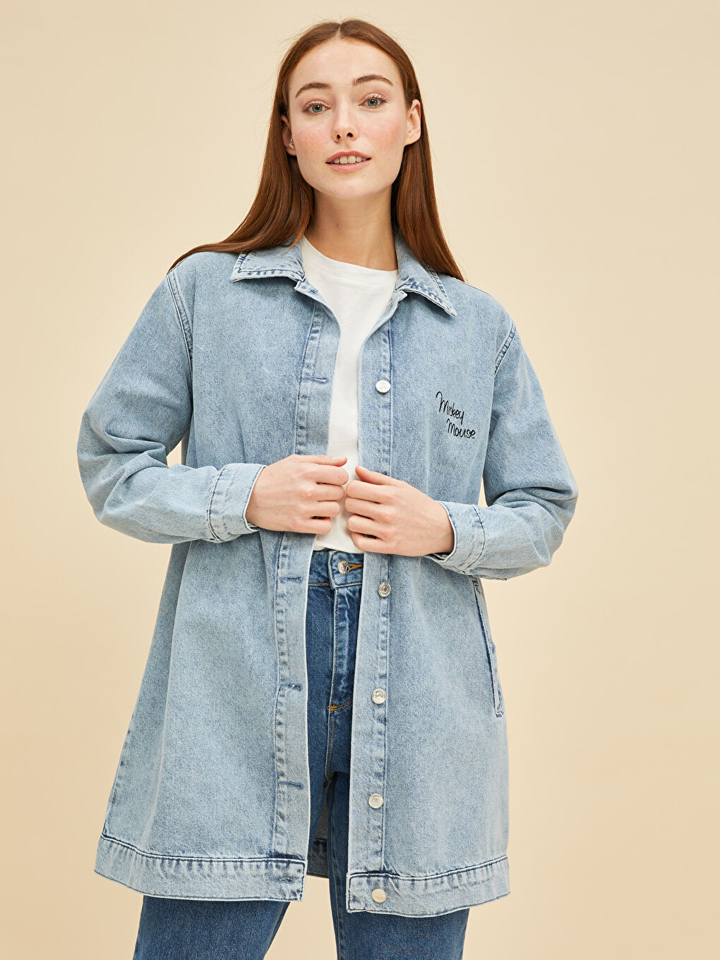 LCW Modest Shirt Collar Mickey Mouse Printed Long Sleeve Women's Rodeo Jean Jacket -W1GN75Z8-H45