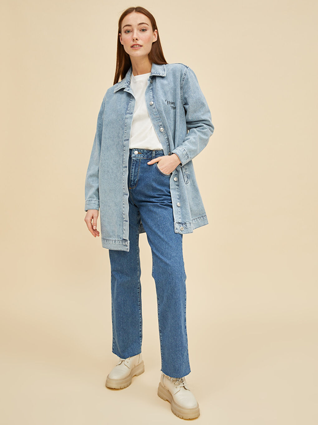LCW Modest Shirt Collar Mickey Mouse Printed Long Sleeve Women's Rodeo Jean Jacket -W1GN75Z8-H45