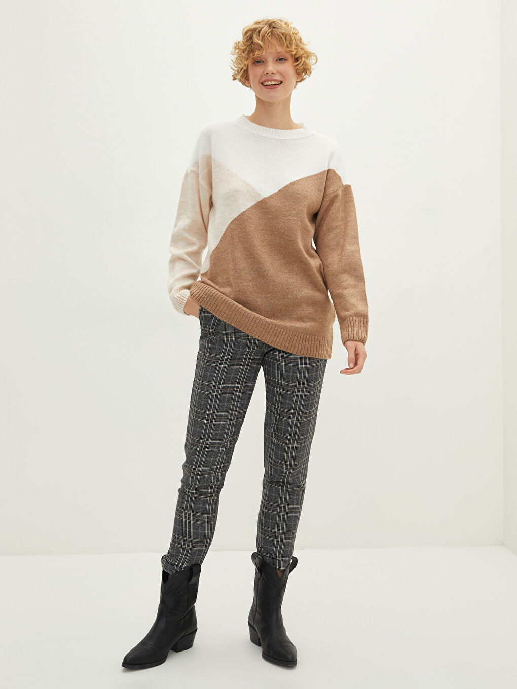 LCW Vision Crew Neck Color Block Long Sleeve Women's Knitwear Tunic -W1GO15Z8-D4N