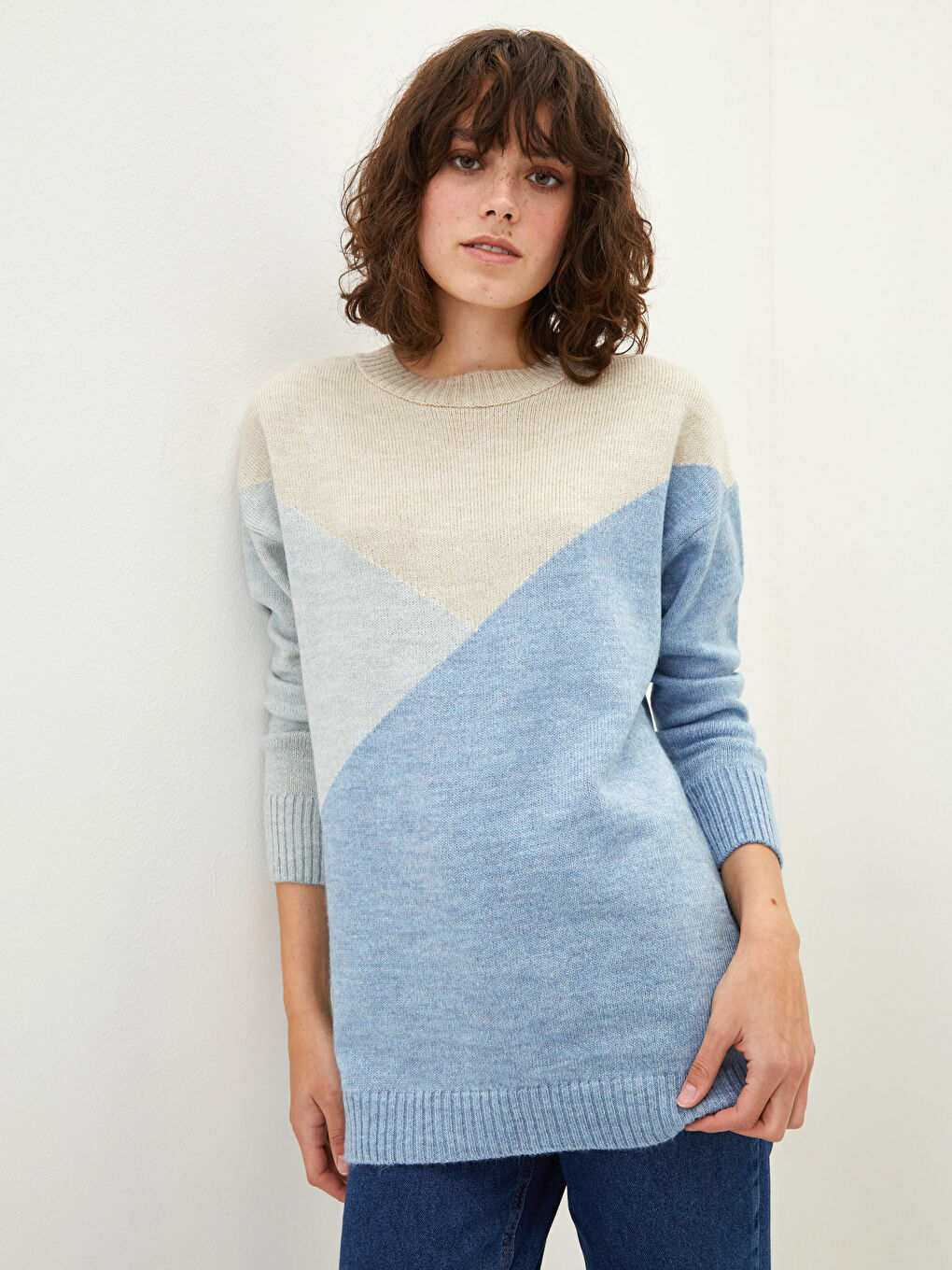 Tunique en Tricot à Manches Longues avec Col Rond et Bloc de Couleurs pour Femmes-1