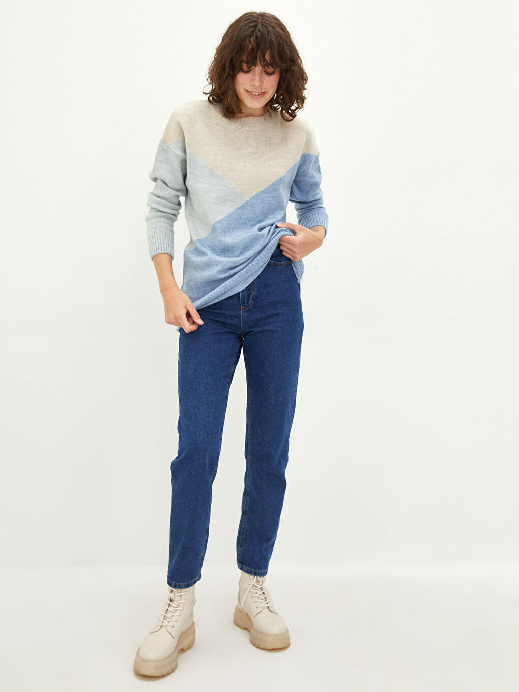 Tunique en Tricot à Manches Longues avec Col Rond et Bloc de Couleurs pour Femmes-2