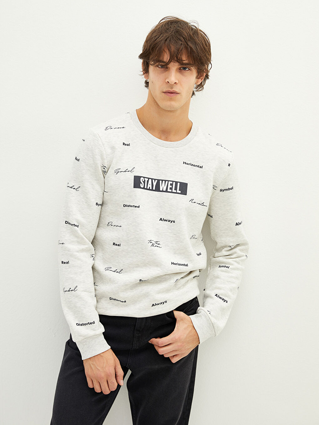 Crew Neck Printed Men's Thick Sweatshirt