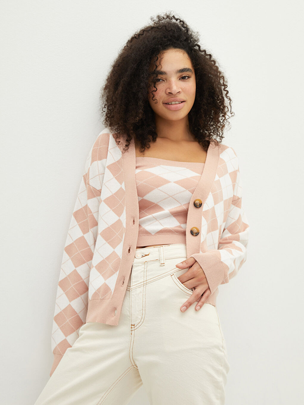 V Neck Patterned Women's Knitwear Cardigan-1