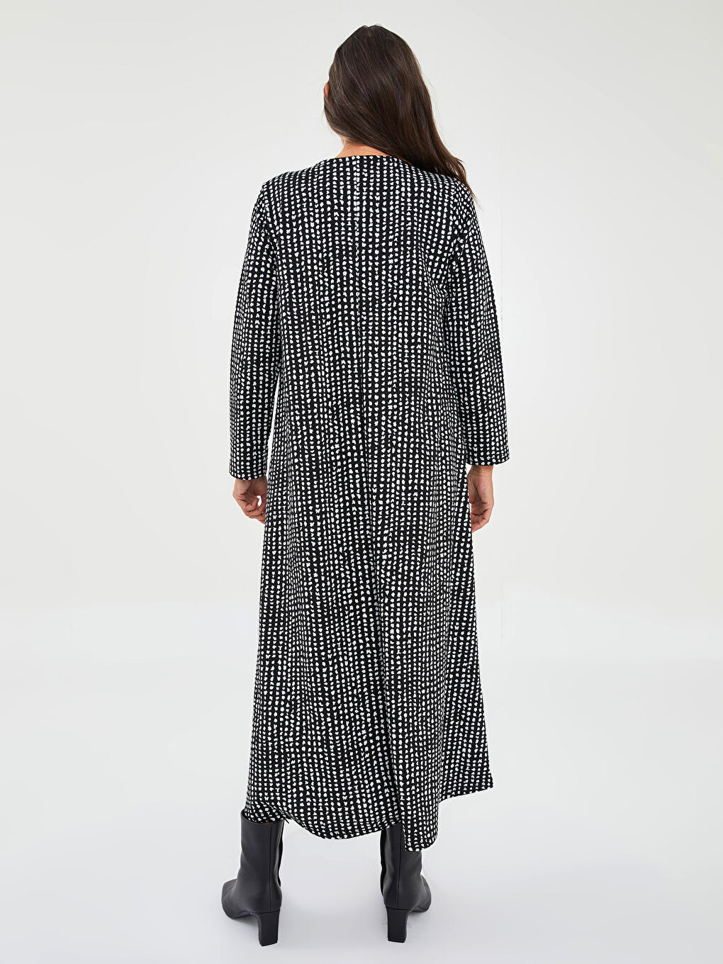 Siyah Bisiklet Yaka Desenli Uzun Kollu A Kesim Ponte Kumaş Kadın Elbise-4