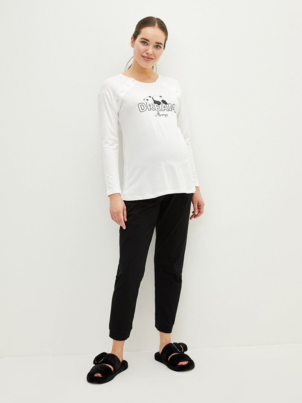 LCW DREAM Crew Neck Printed Long Sleeve Breastfeeding Cotton Maternity Pajamas Set -W1GO86Z8-CVL