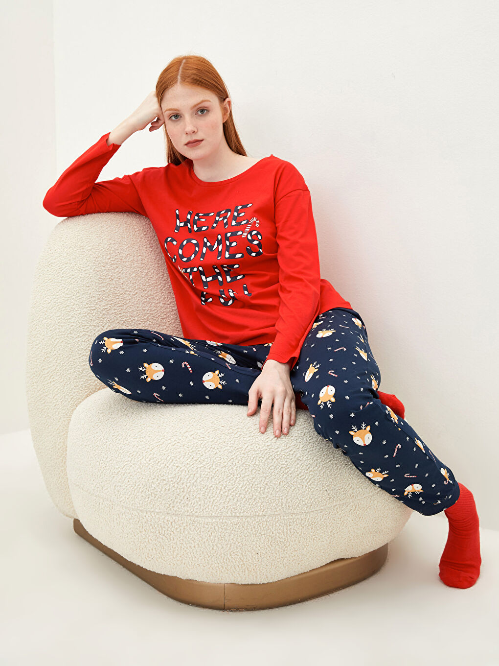 Crew Neck New Year Themed Cotton Women's Pajama Set